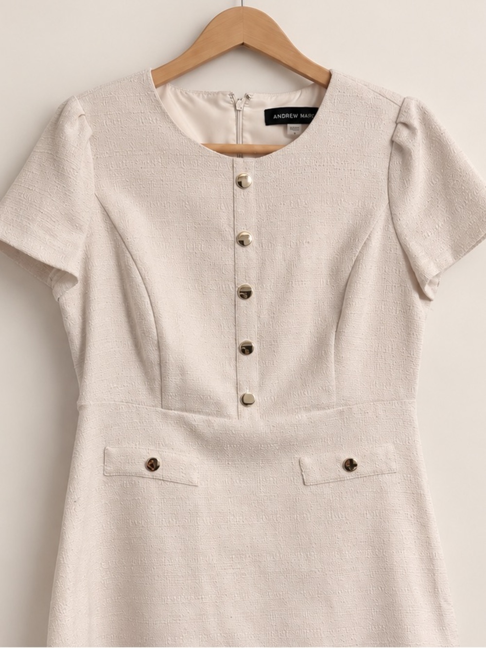Andrew Marc Ivory Textured Gold Button Fit & Flare Dress Size 12 - Picture 2 of 8